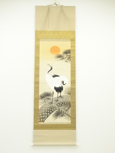JAPANESE HANGING SCROLL / HAND PAINTED / CRANE WITH PINE TREE